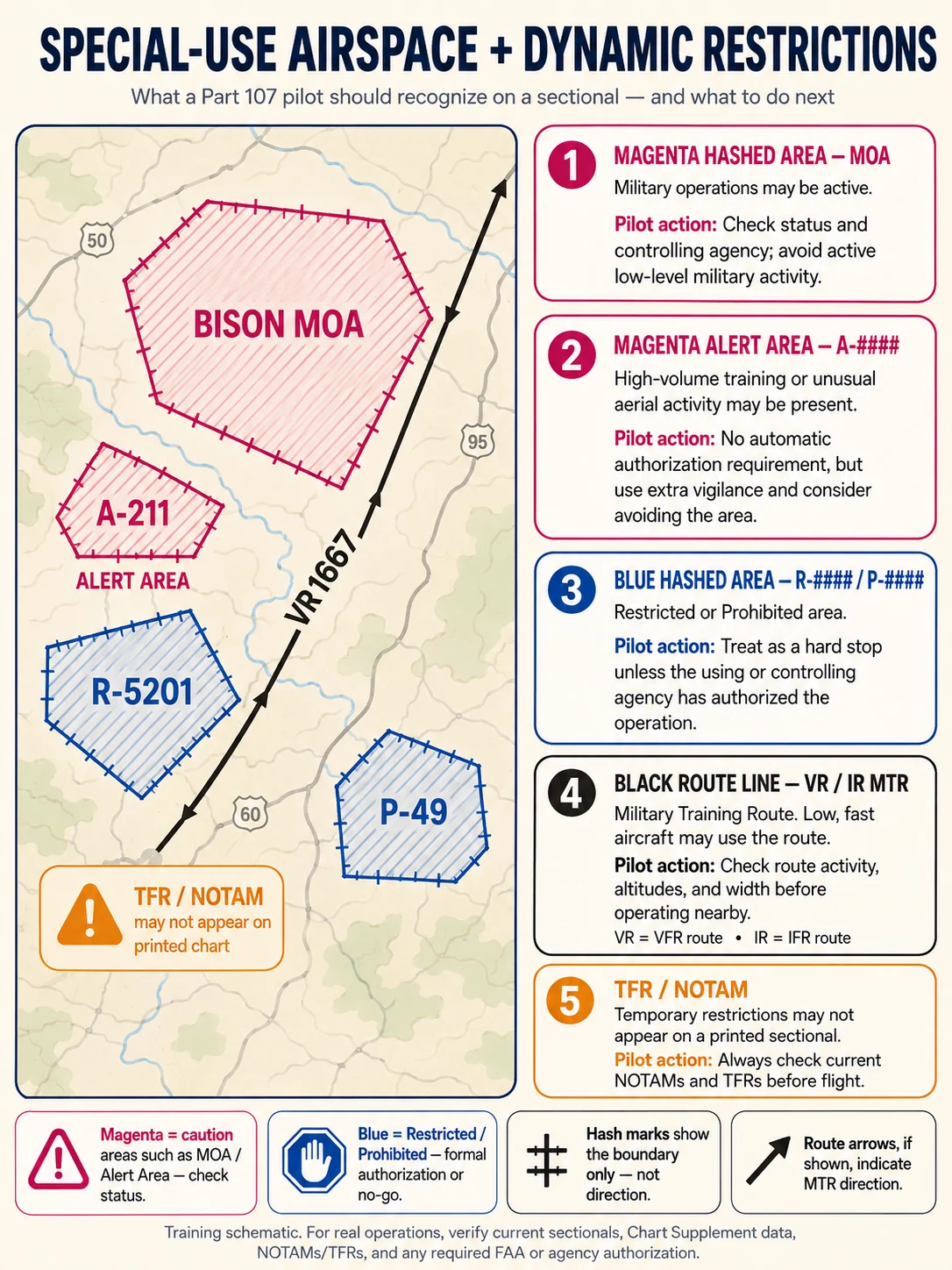 Special-use airspace and dynamic restrictions on a sectional — MOA, alert area, restricted/prohibited areas, military training routes (VR/IR), and TFR/NOTAMs, with the pilot action for each and what the hash marks and route arrows mean